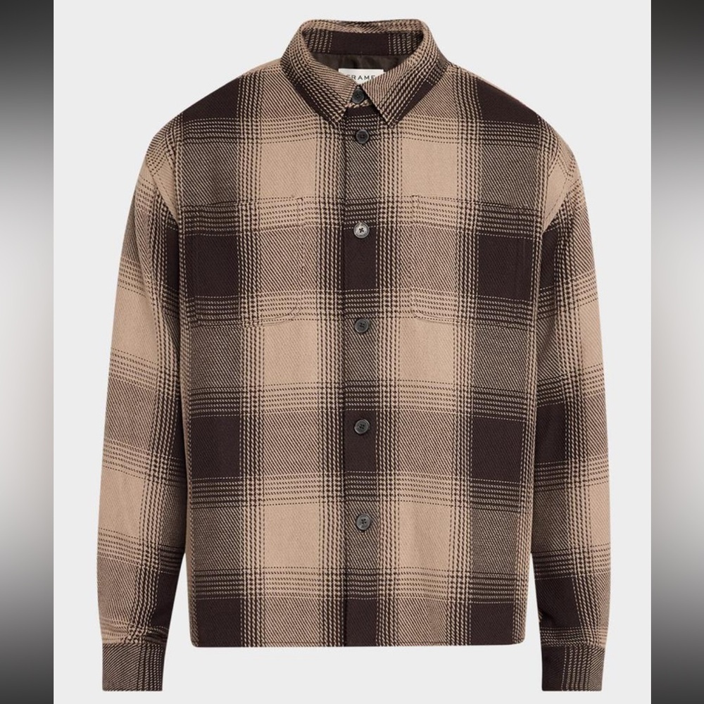 Frame Denim Men’s Chunky Plaid Black and Tan Shirt Size Large - Picture 4 of 8